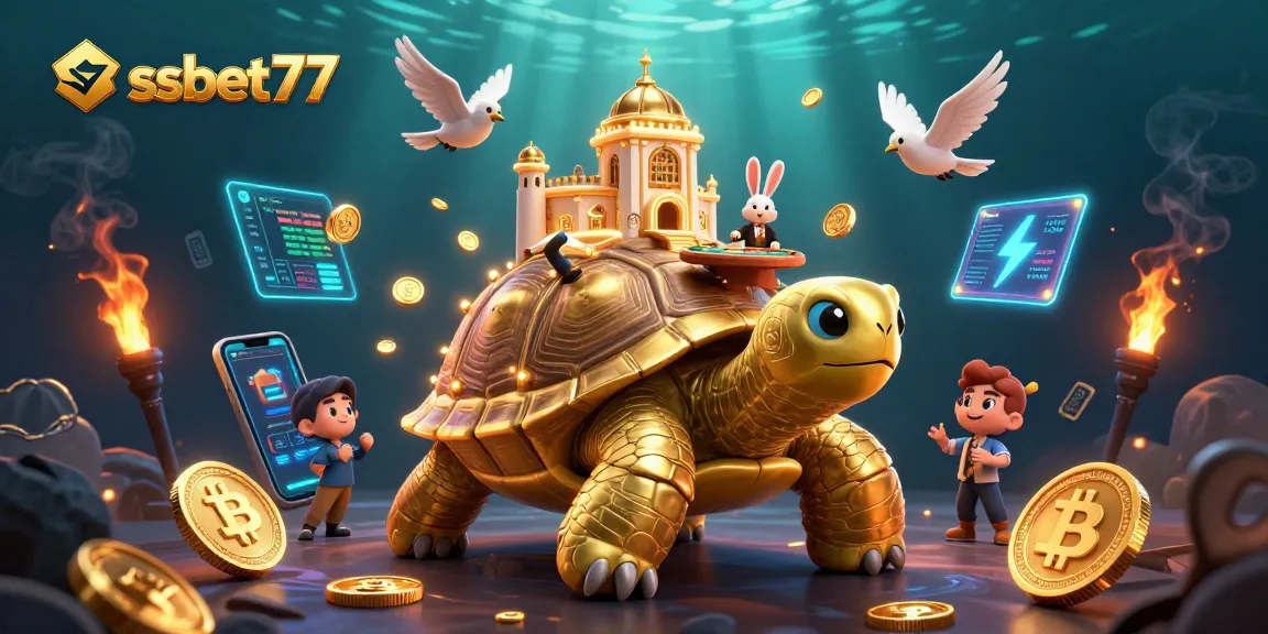 Experience the vibrant world of ssbet77 with a lavish casino scene featuring a golden tortoise and dynamic game elements.