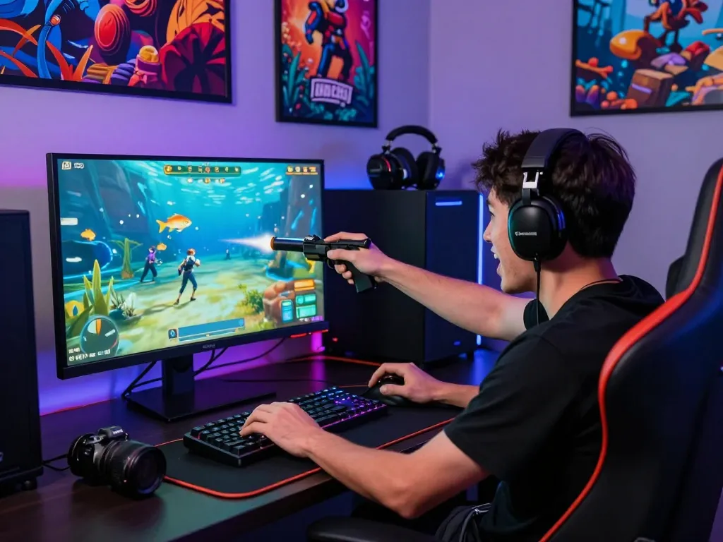Enthusiastic gamer enjoying Game bài hubet88 in a vibrant gaming setup.