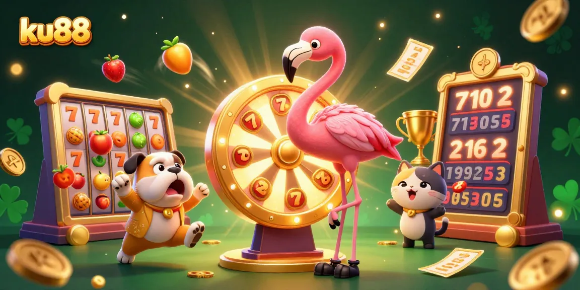Experience exciting jackpot spins at ku88 with our energetic game show scene featuring slots and vibrant characters.