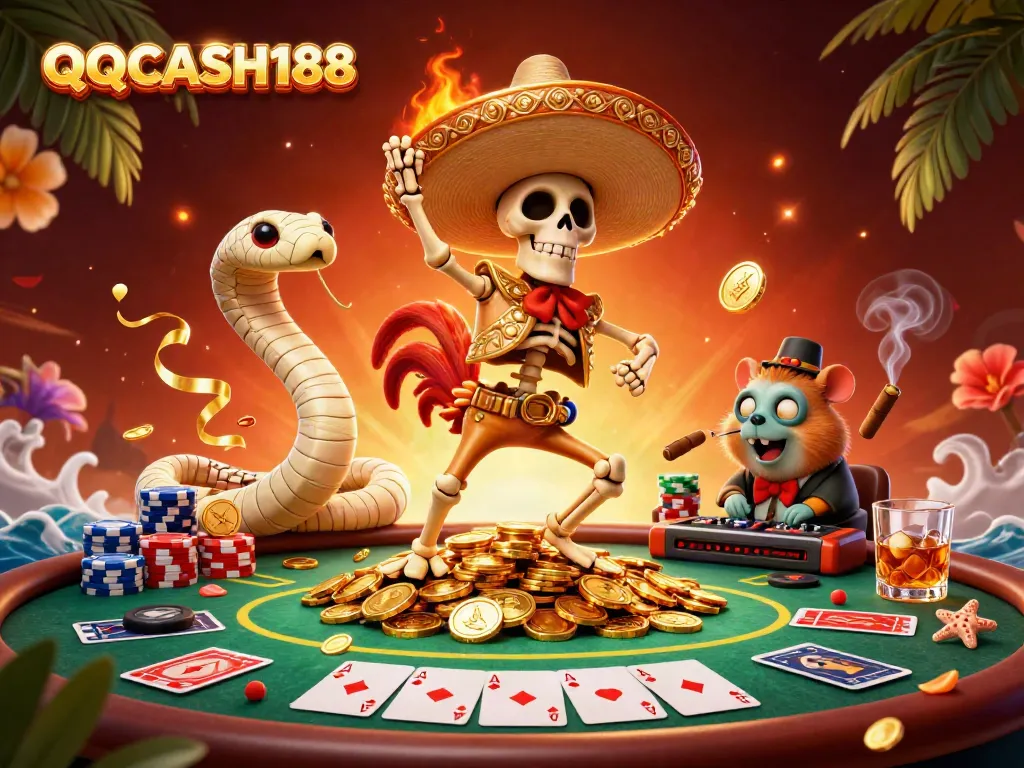 Engage in thrilling gameplay at QQCASH188 with lively characters in a dynamic casino scene.