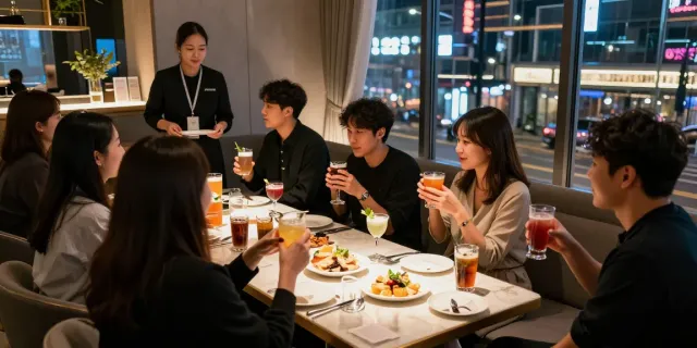강남 구구단에서 저녁을 즐기는 손님들 모습, 세련된 실내 분위기와 주류를 함께하는 장면