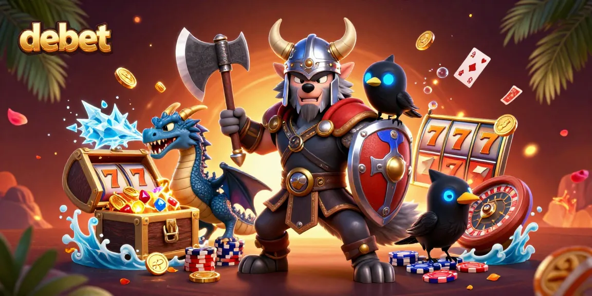Engage with debet’s thrilling casino elements showcased by a Viking wolf warrior, dragon, and raven.