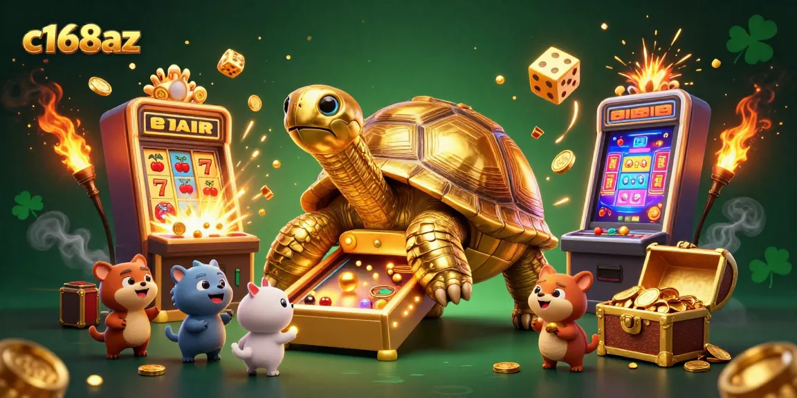 Win big at c168az with exciting gaming, showcasing a tortoise pinball machine and thrilling casino elements.
