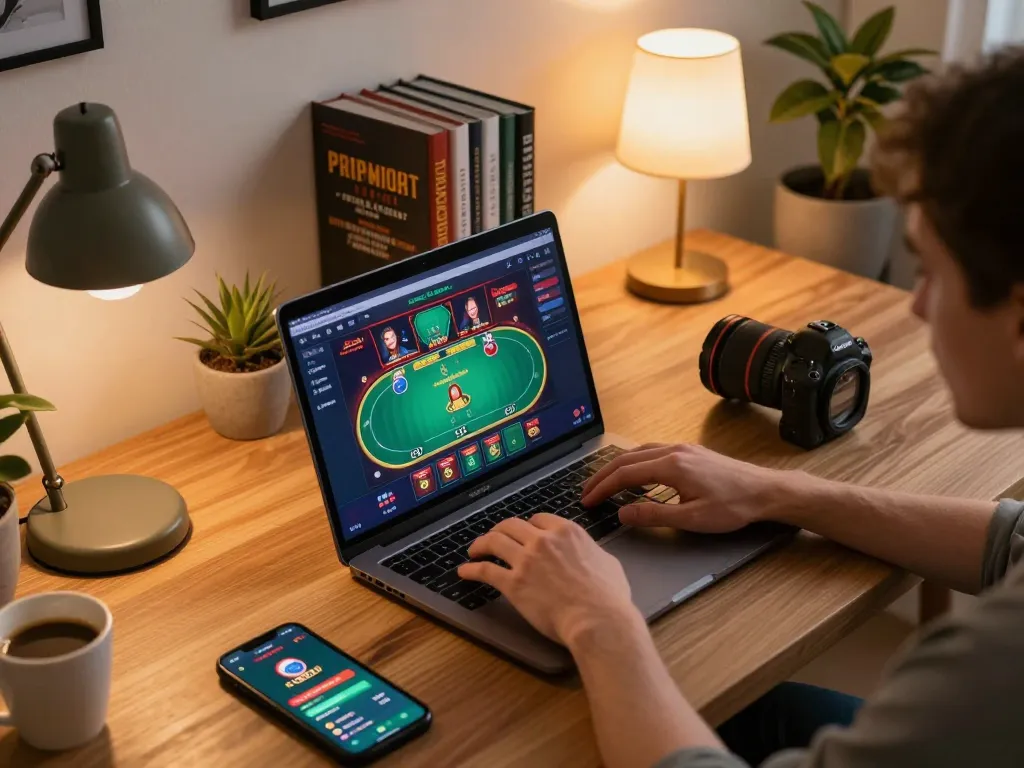 Player enjoying online gaming on fb88 platform at a cozy home setup with laptop and casino app.