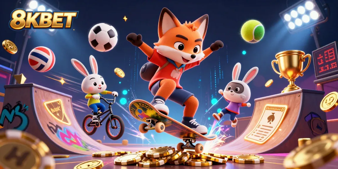 Engage in 8KBET with a dynamic scene of gaming excitement featuring playful casino elements.