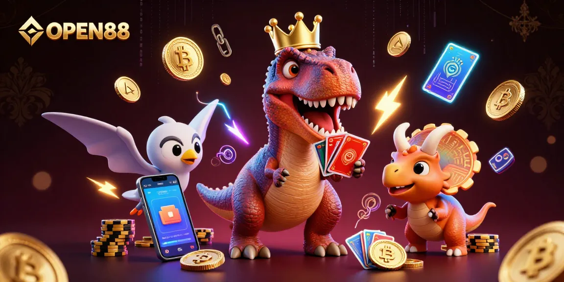 Engage with the dynamic world of OPEN88 featuring a cartoon T-Rex shuffling cards amidst crypto elements and colorful casino chips.