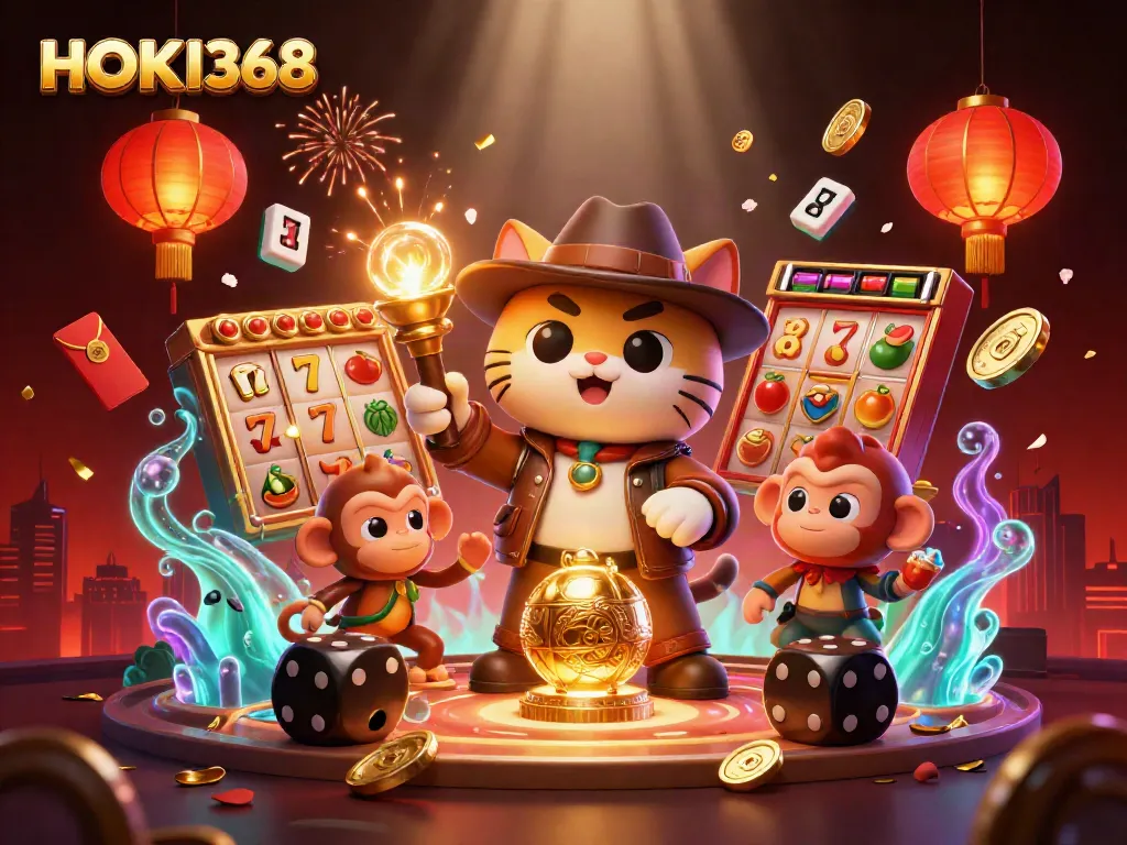 Engage in thrilling gameplay with HOKI368 at vibrant casino adventure featuring 3D characters.