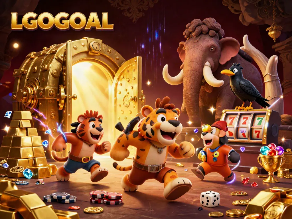 Experience the thrill of LGOGOAL in a vibrant prehistoric casino scene with engaging characters and shimmering treasures.