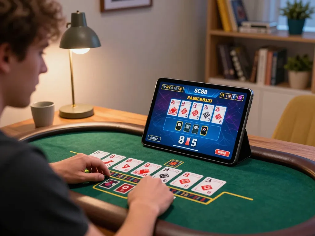 SC88 player engaging in strategic baccarat gameplay on a tablet in a cozy home setting