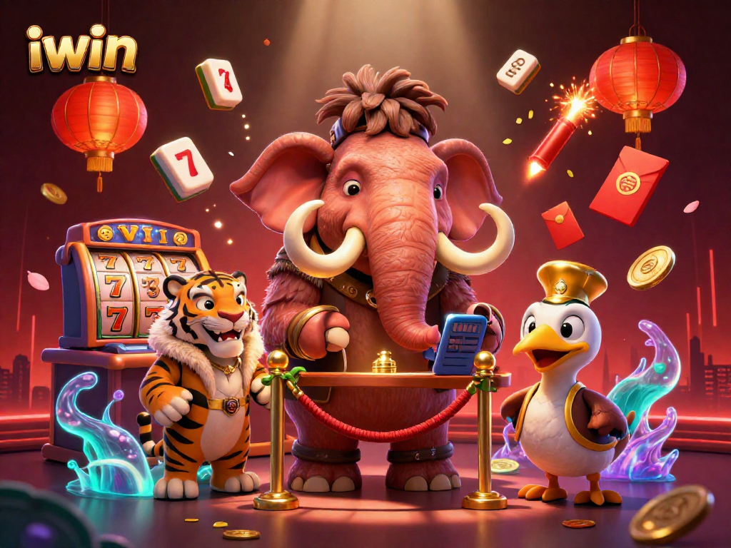 iwin casino scene with a woolly mammoth bouncer checking IDs amidst vibrant gaming elements.