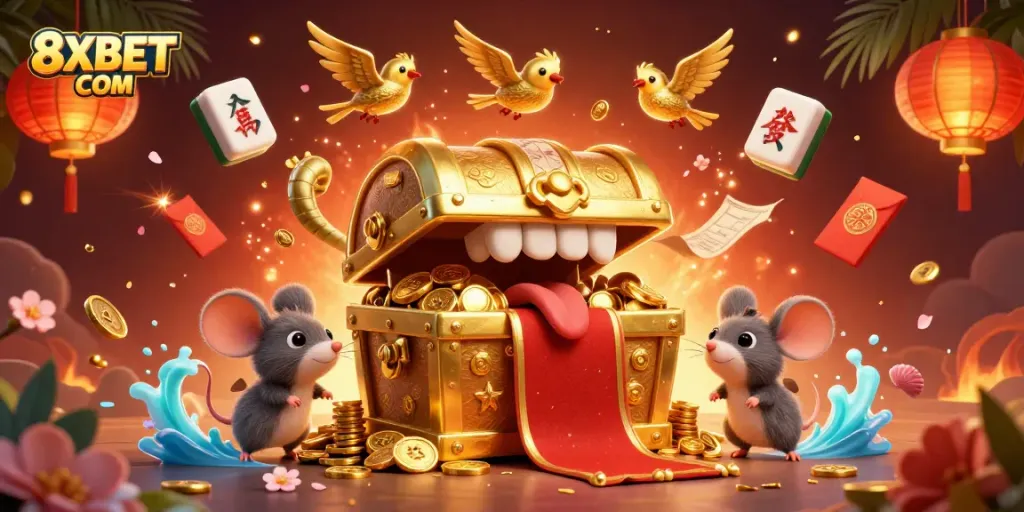 Experience thrilling wins at 8XBET COM with a vibrant casino adventure illustration.