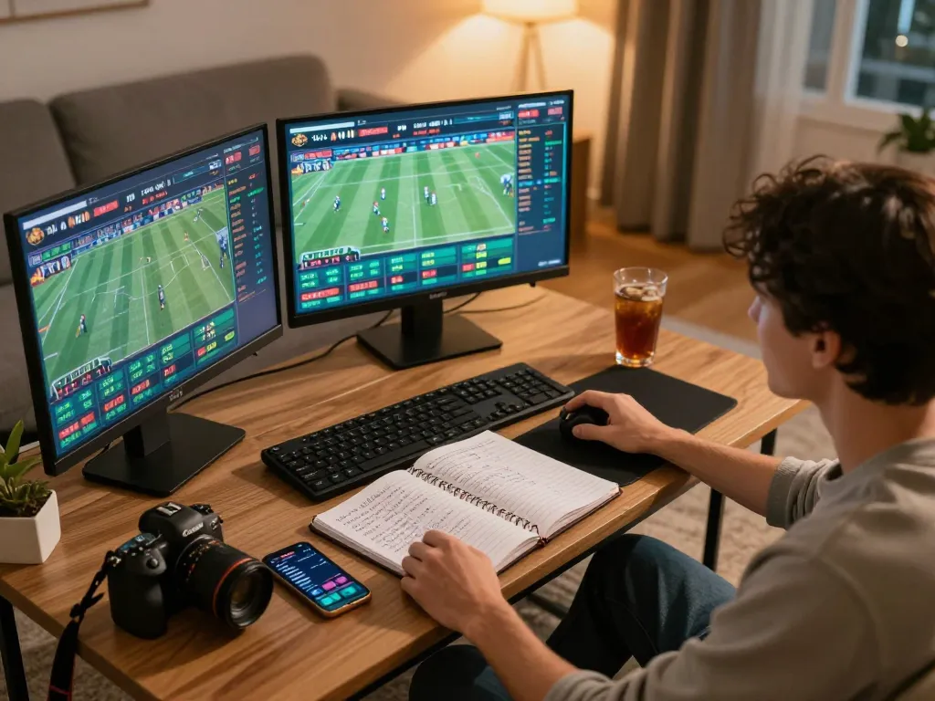 Person engaging in kèo nhà cái betting at home with multiple screens during live sports event.
