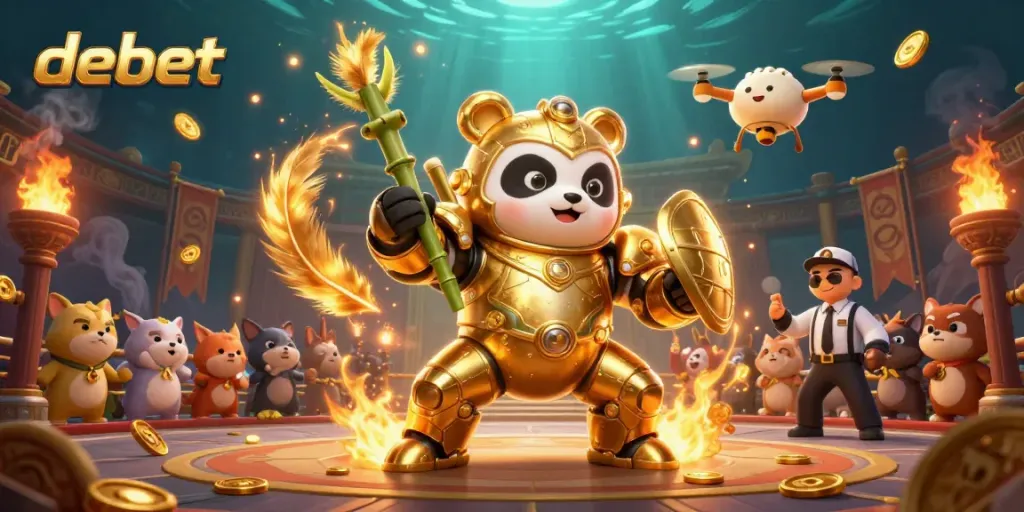 Experience dynamic gameplay at debet with a mech-suit panda battling in a rich Asian-themed arena.