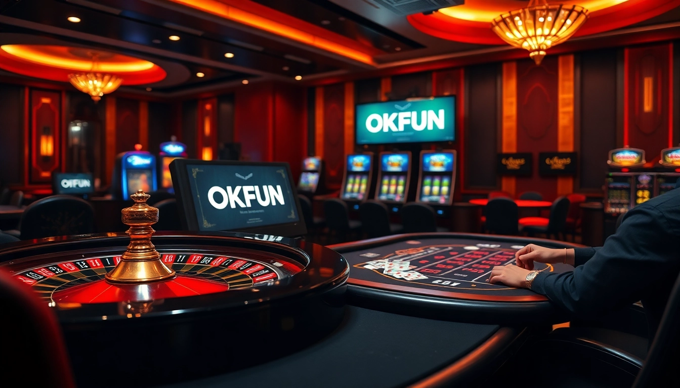 Experience the excitement of gaming at OKFUN casino with vibrant roulette and poker tables.