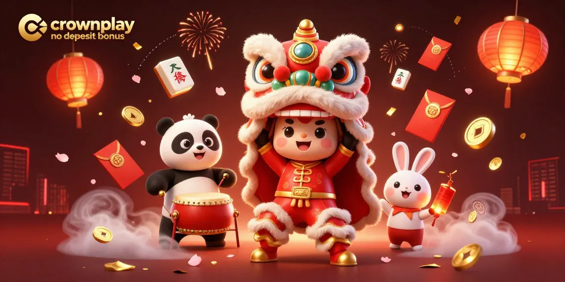 Crownplay no deposit bonus illustrated with a dynamic casino scene featuring festive characters and game elements.
