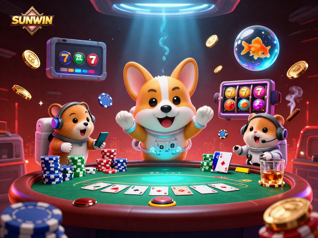 Chơi các trò chơi hấp dẫn tại SUNWIN với những nhân vật 3D như chó corgi và chuột điều khiển trong sòng bạc vũ trụ.