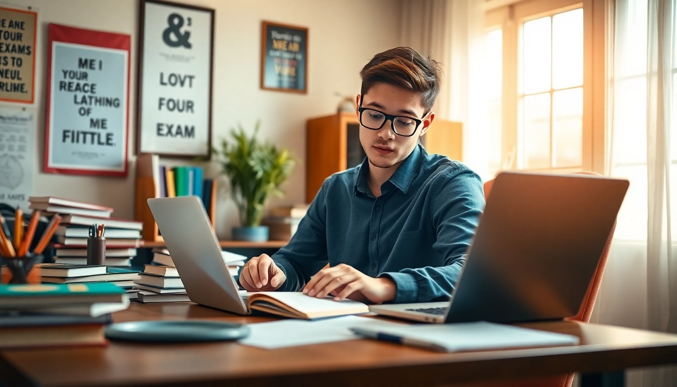 Student using exam help resources in a cozy study room filled with books and natural light.