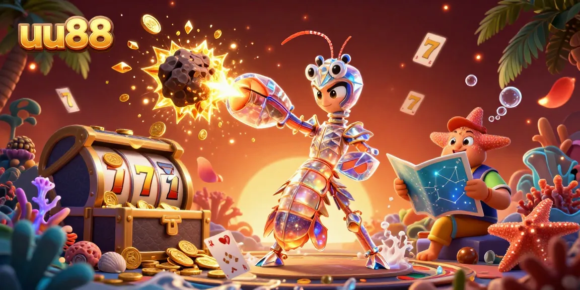 uu88 engages players in a vibrant casino scene with floating slot reels and gems.