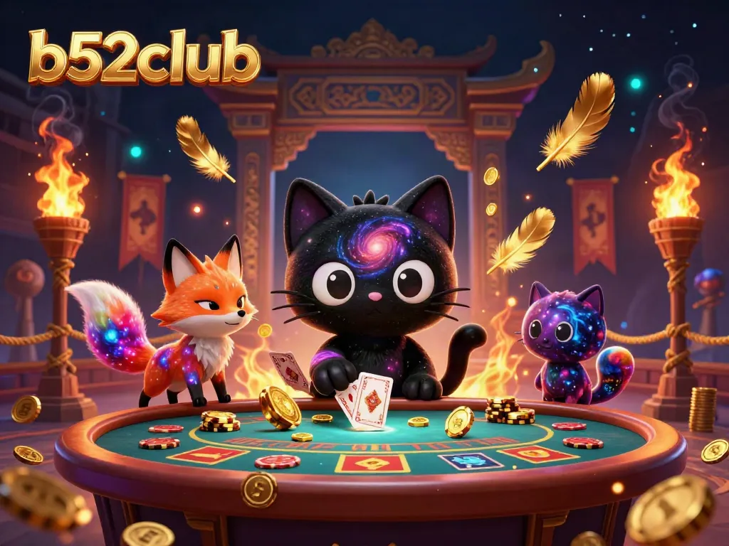 Experience the excitement of b52club, where a cosmic black hole cat and nebula fox draw in golden chips and cards at a vibrant casino table.