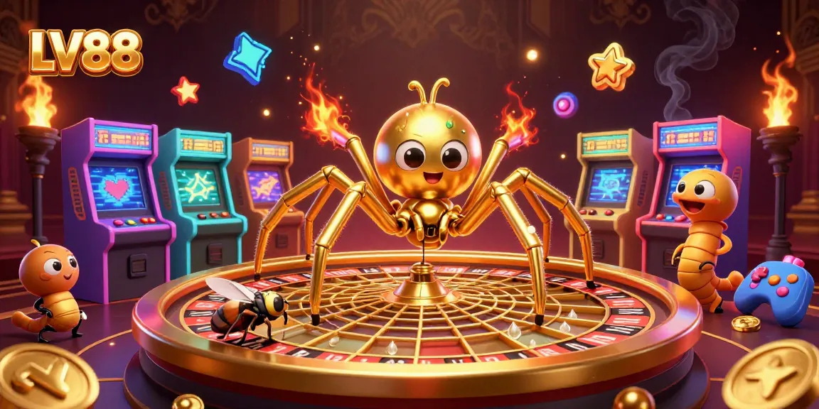 Bet on LV88 as a golden spider spins a roulette wheel web filled with excitement.