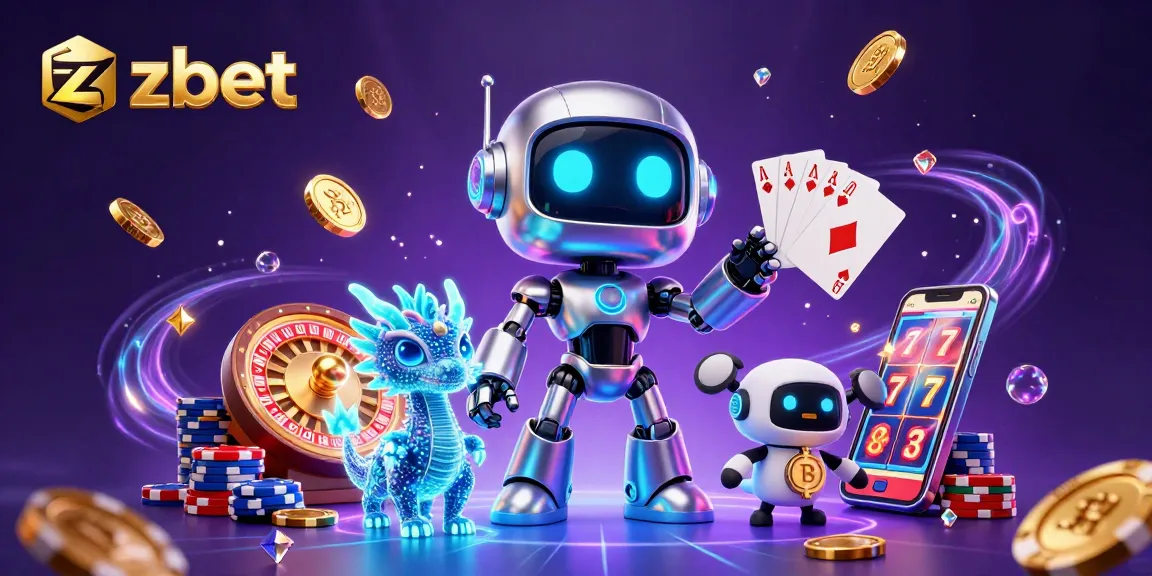 Zbet casino illustration featuring a cyberpunk robot, holographic dragon, and drone amidst vibrant casino elements.