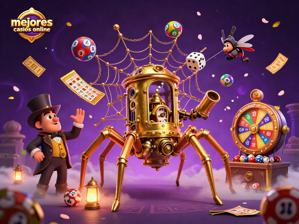 Juega en los mejores casinos online mientras una araña de oro atrapa dados en su red.
