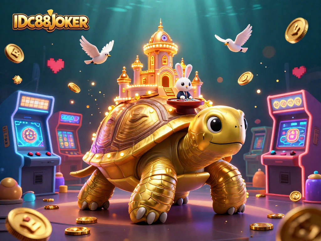 Engage with IDC88JOKER's vibrant casino world featuring a golden tortoise and game-filled action.