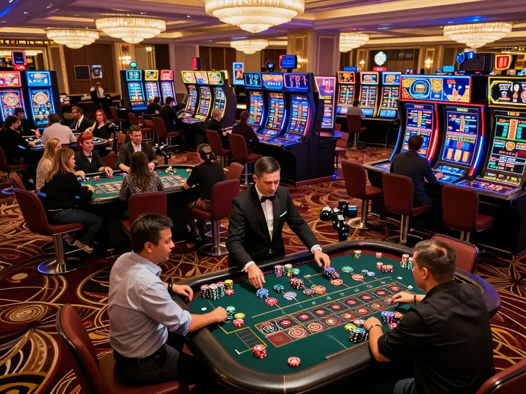 A dynamic casino scene showcasing a vibrant atmosphere with players engaged in games, emphasizing nhà cái cá cược uy tín and excitement.