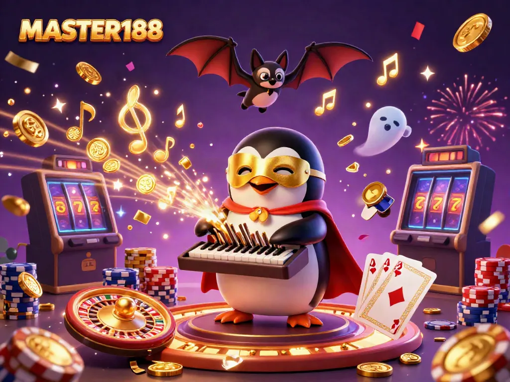Experience the thrill of gaming with MASTER188 as a phantom opera penguin brings coins to life among dazzling casino elements.