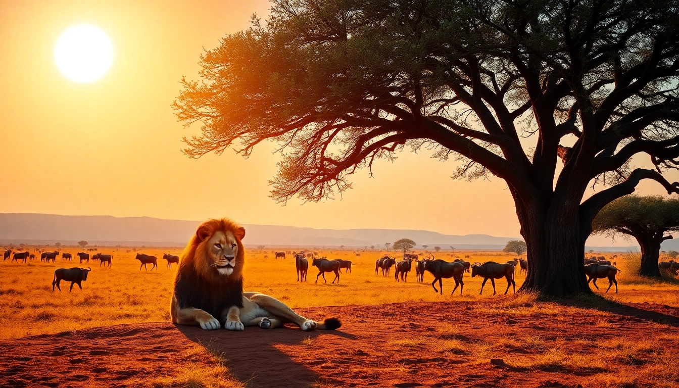 A majestic lion under an acacia tree during a Tanzania safaris sunset.