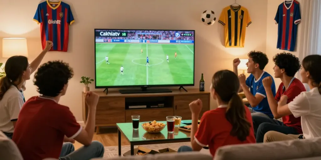 Cakhiatvvn.jpn.com live football match viewing in a cozy setting with friends, snacks, and team jerseys.