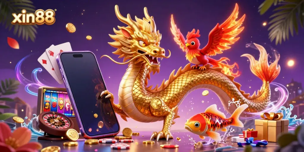Experience exciting games at xin88 with a vibrant scene including a golden dragon, lucky koi fish, and casino elements.