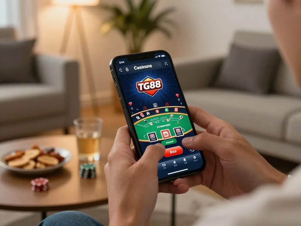 Engaging with the TG88 casino app during live dealer blackjack gameplay at home with strategic snacks.