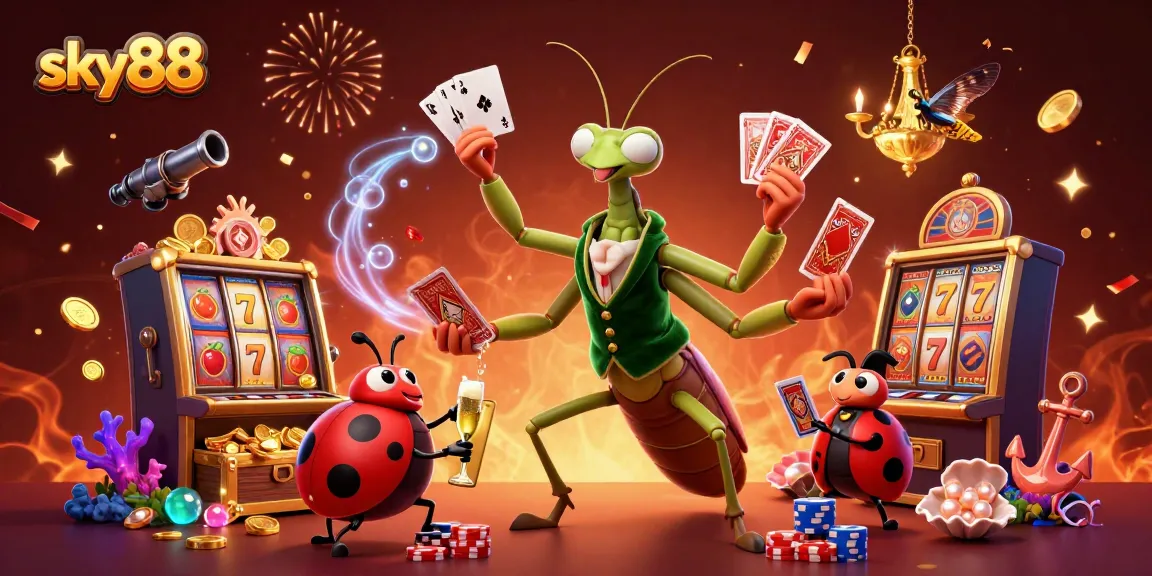 Engage with sky88 in a vibrant casino scene, featuring a giant praying mantis dealer amid slot machines and gold coins.