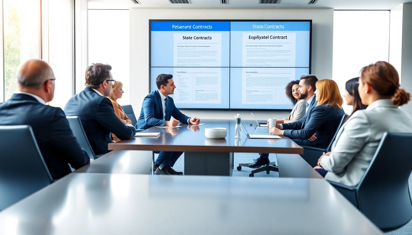 Team discussing Federal and State contracts in a modern conference room, showcasing collaboration.