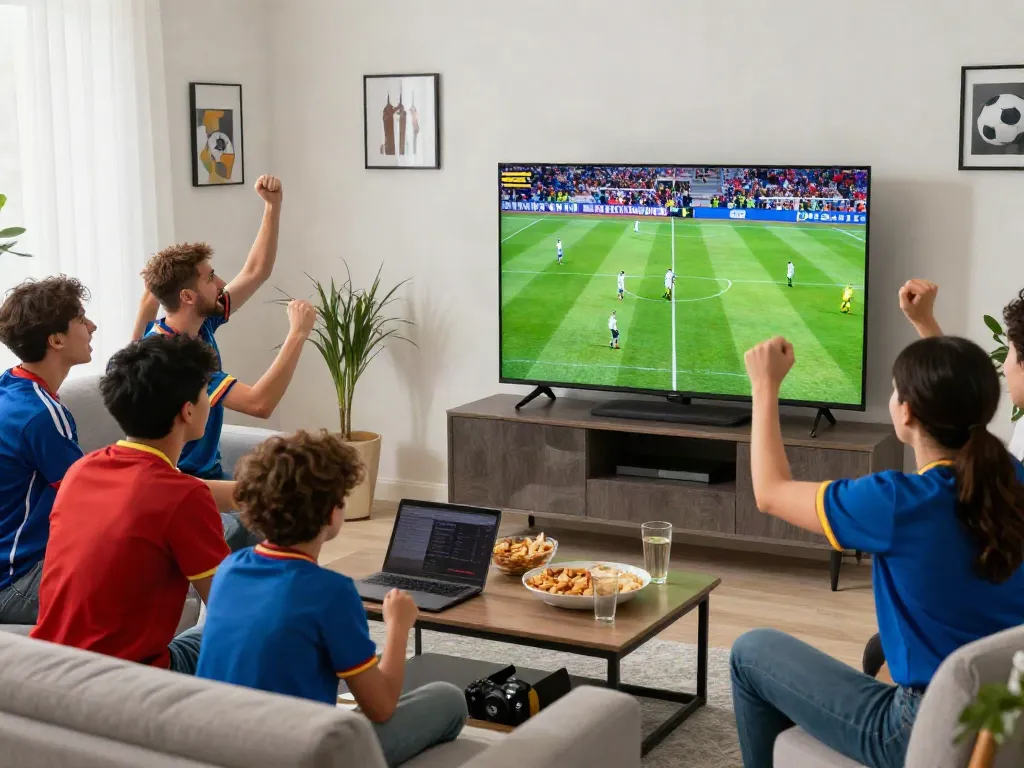 Sports fans watching live football on https://thapcamtvlive.live/ in a lively living room.