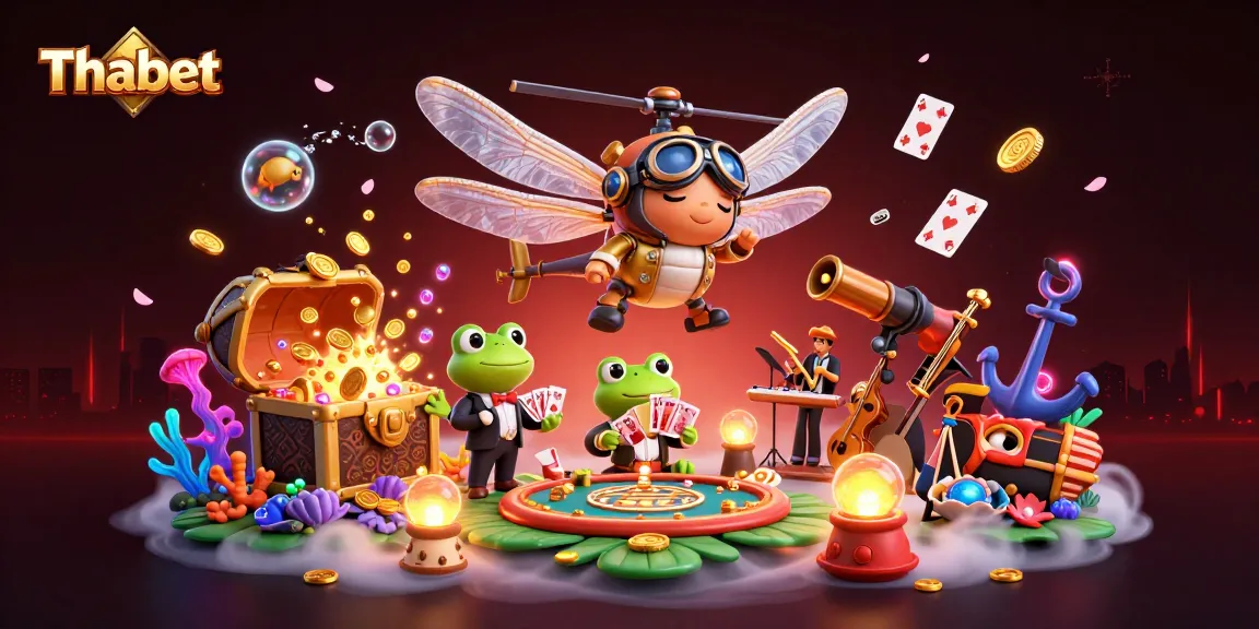 Experience the vibrant world of Thabet with a dragonfly pilot, frog croupier, and jazz musicians in a casino setting.