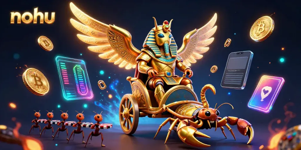 Engage in vibrant nohu gaming with a golden scarab beetle amid crypto-themed casino elements.