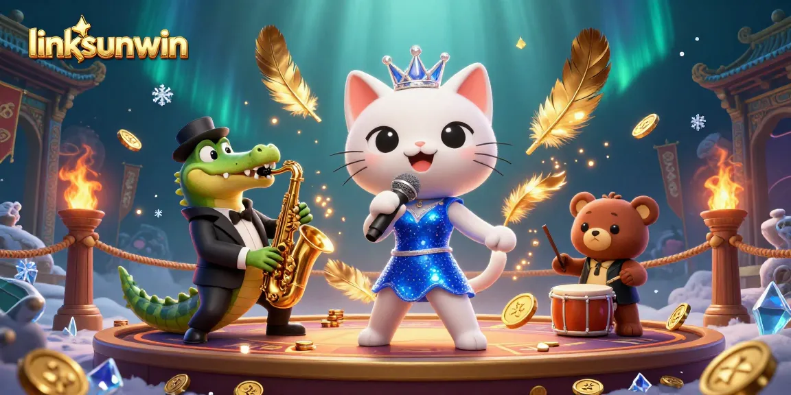 Experience the lively atmosphere of linksunwin as 3D characters perform at a vibrant casino stage surrounded by casino elements.