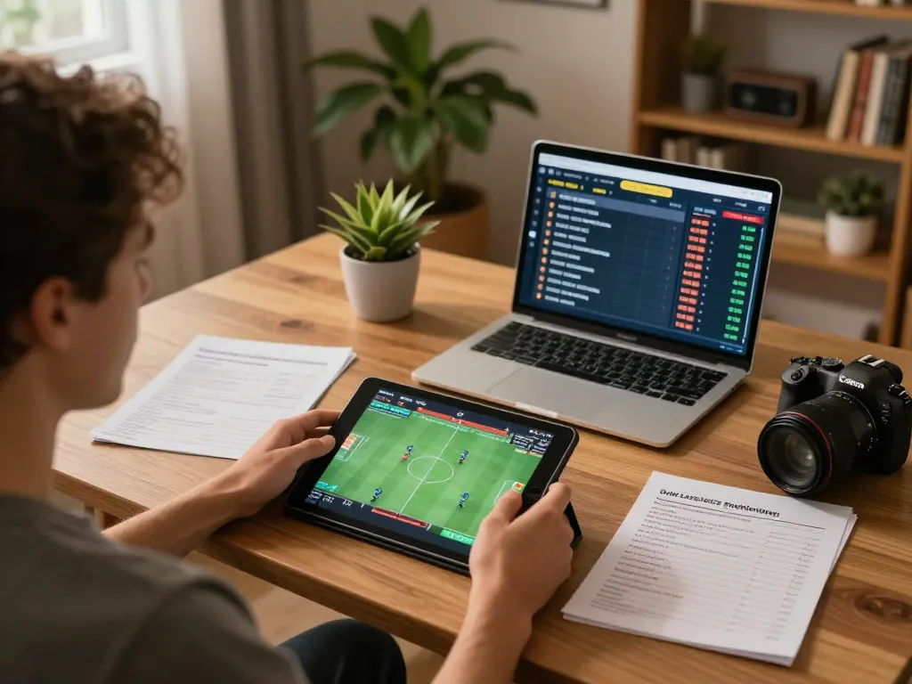 Persona che utilizza un tablet per siti scommesse non AAMS da casa, strategie di scommessa visibili attorno