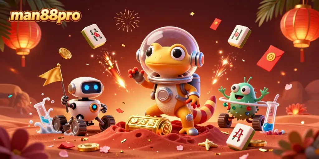 Engage in thrilling play at man88pro with vivid casino adventures featuring a gecko and informal cheers.