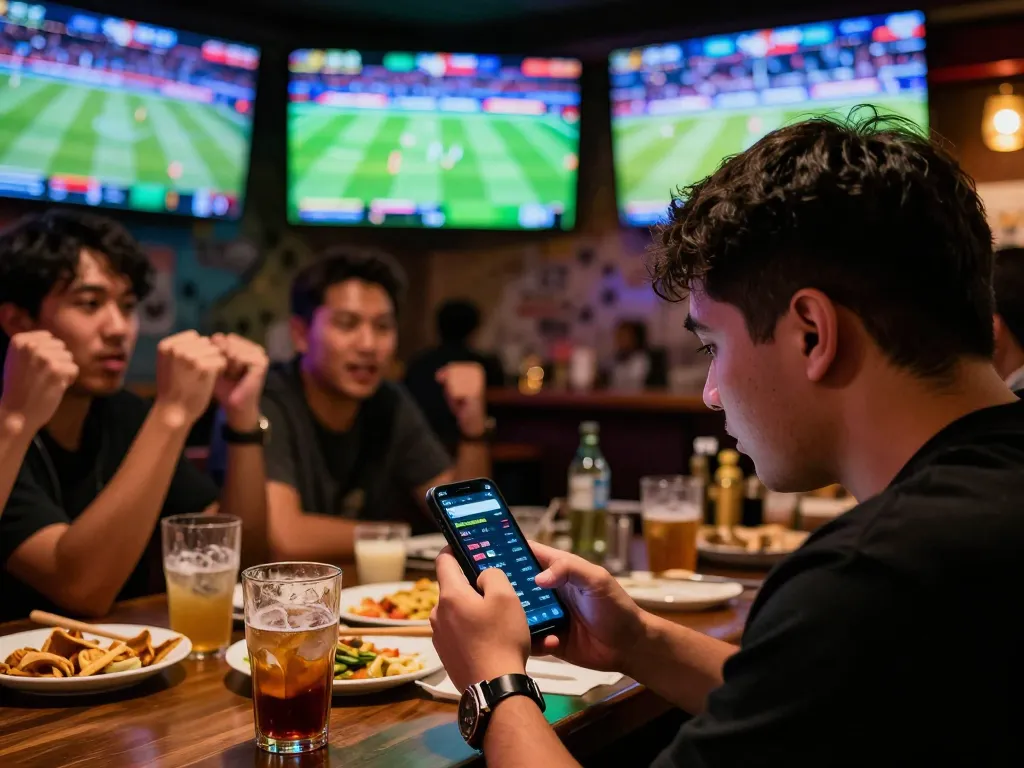 Kèo nhà cái 88 betting scene showing a person focused on live sports events, smartphone in hand.
