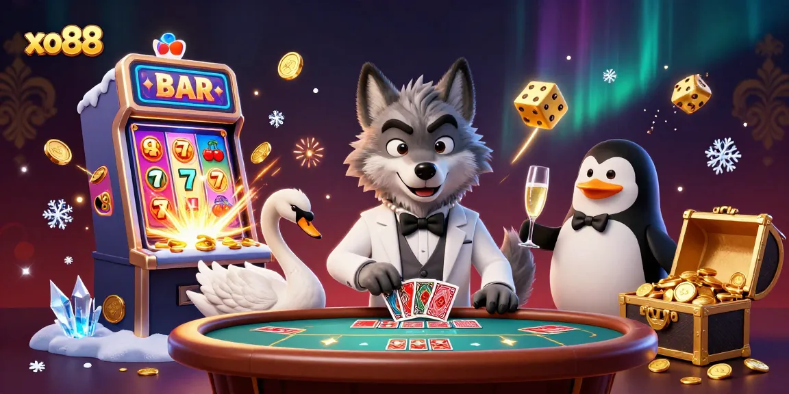 Spin the reels at xo88 with a debonair wolf, elegant swan, and sophisticated penguin!