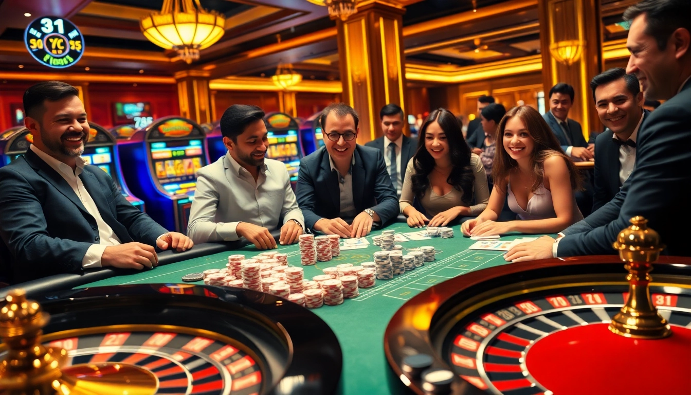 A professional casino gaming scene at 789f with a poker table and vibrant slot machines.