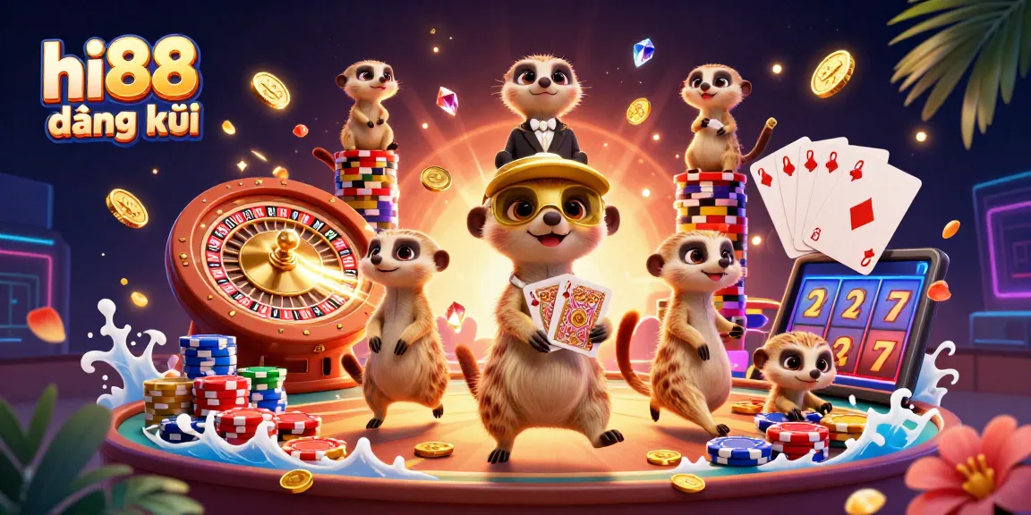 Experience hi88 đăng ký with a dynamic 3D casino illustration featuring meerkats in action.