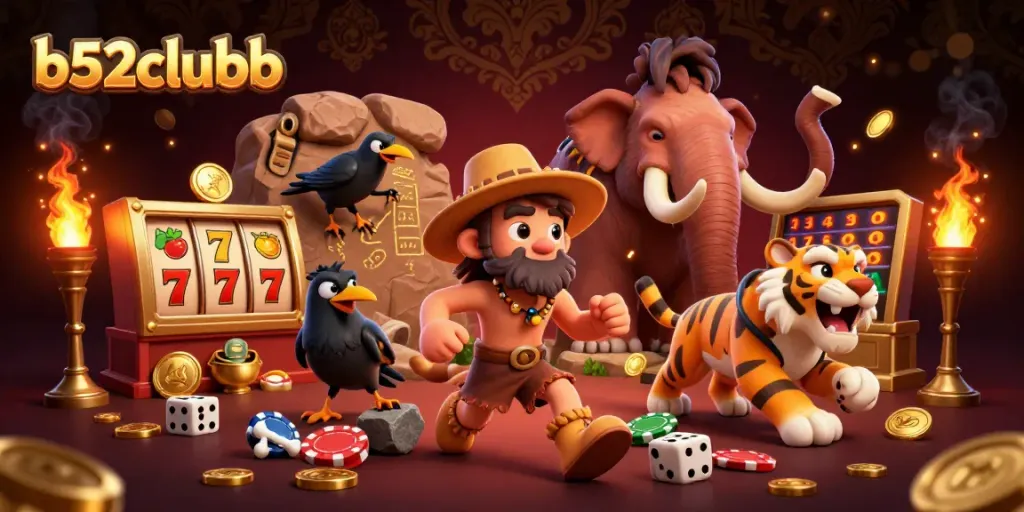 Engage in thrilling games at b52clubb's prehistoric casino with vibrant slot reels and dynamic characters.