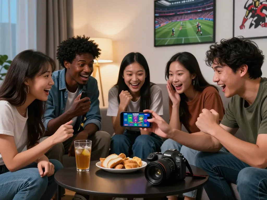 Friends enjoying online betting on VN88 in a cozy living room.
