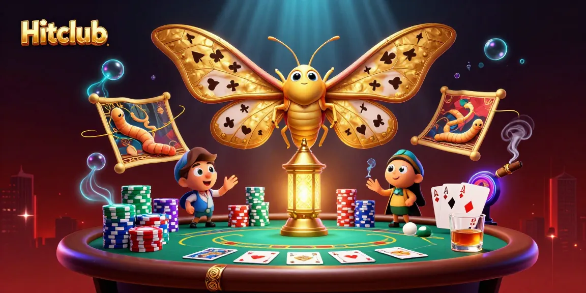 Experience the excitement of Hitclub with a dynamic casino scene featuring poker elements and a golden lantern moth.