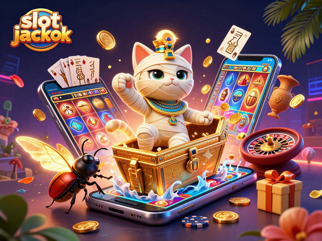 Experience the thrill of slots with this vibrant slot jackpot illustration featuring a mummy cat in a casino.