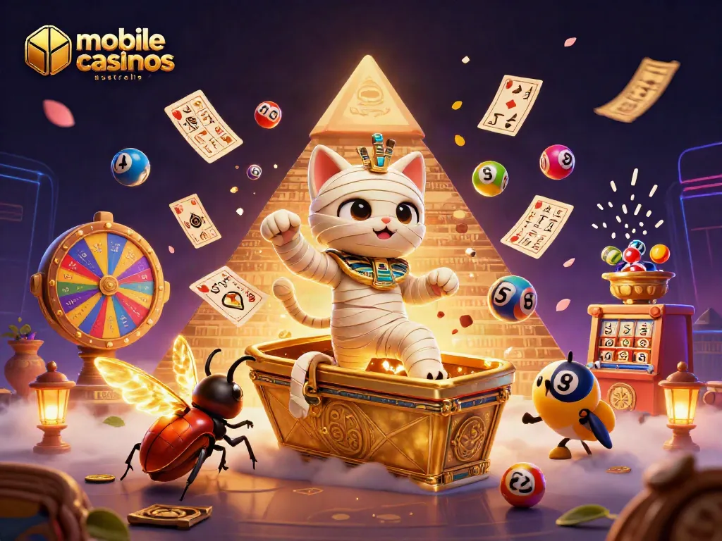 Experience the thrill of mobile casinos Australia with a vibrant 3D illustration featuring a cat, mummy, and golden themes.